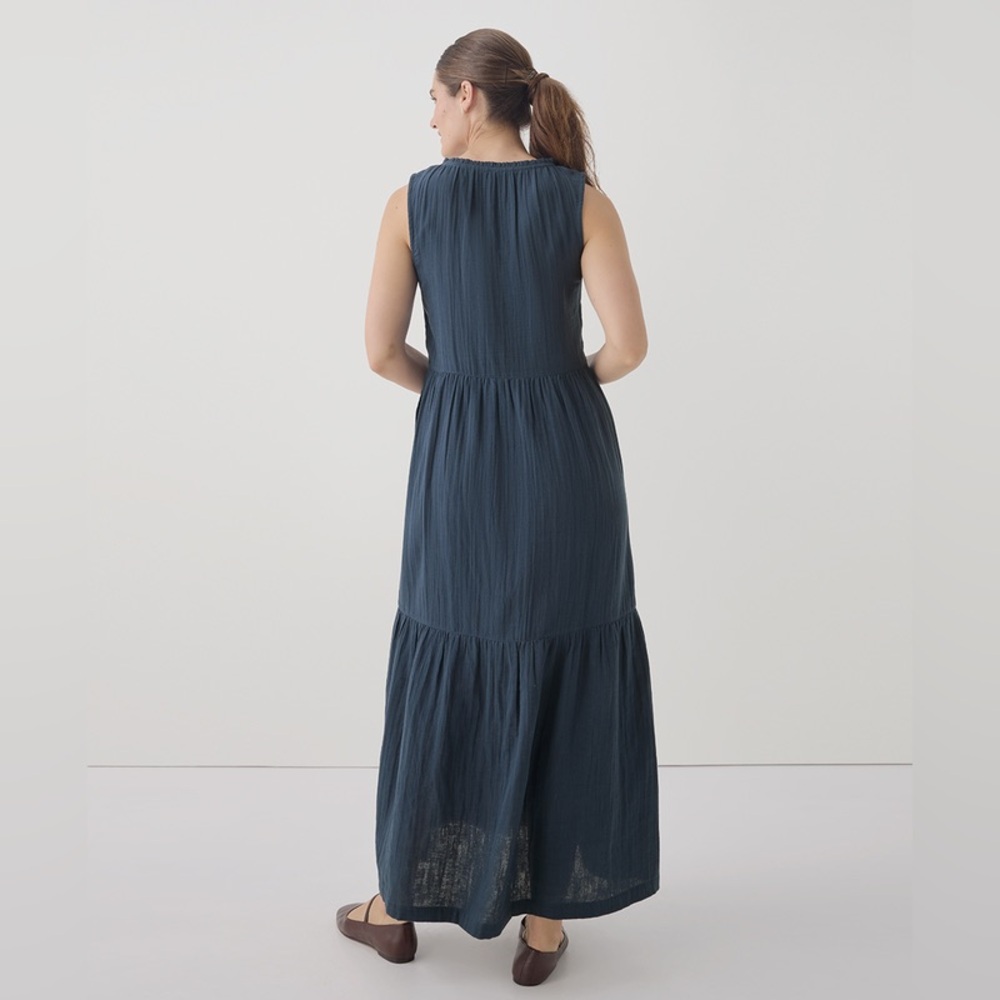 NWT✨ PACT organic French Navy Coastal Double Gauze Ruffle Maxi Dress - Picture 2 of 12